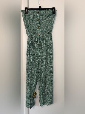 Angashion Green Floral Strapless Jumpsuit Romper Smocked Waist Tie Boho